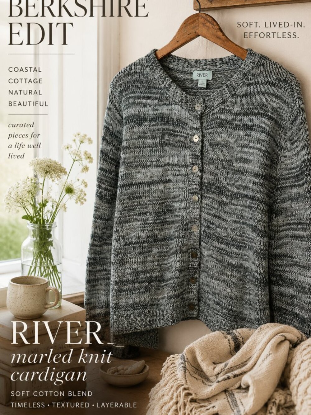 RIVER Marled Knit Cardigan Sweater Soft Coastal Grandpa Core Cottage L